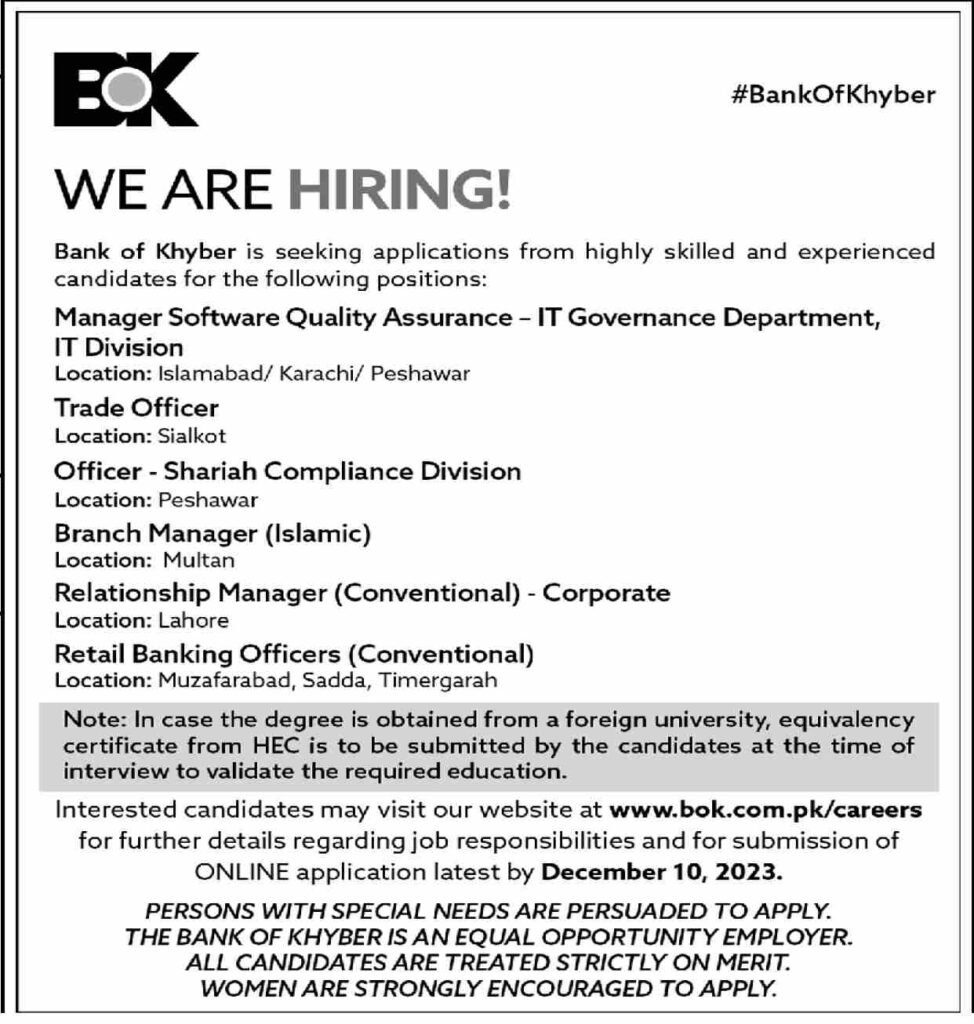 Bank Of Khyber (BOK) Jobs For Multiple Positions DEC-2023 Apply Now