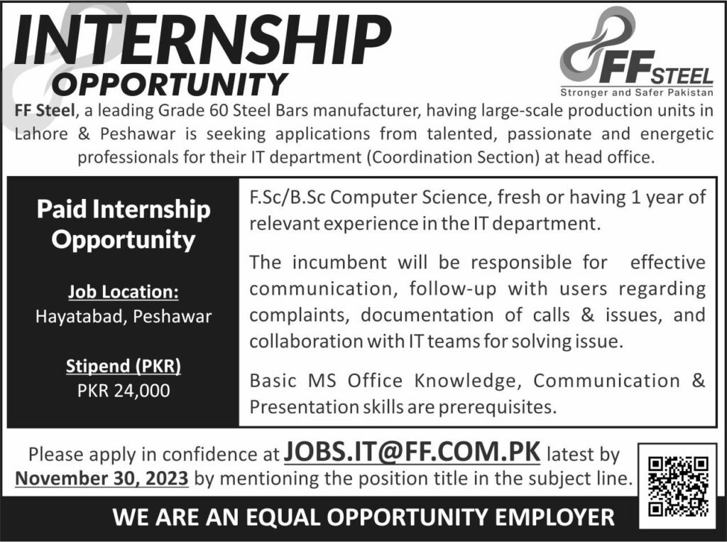 FF STEEL Internship Opportunity For Inter & Bachelors Pass Apply Online Now