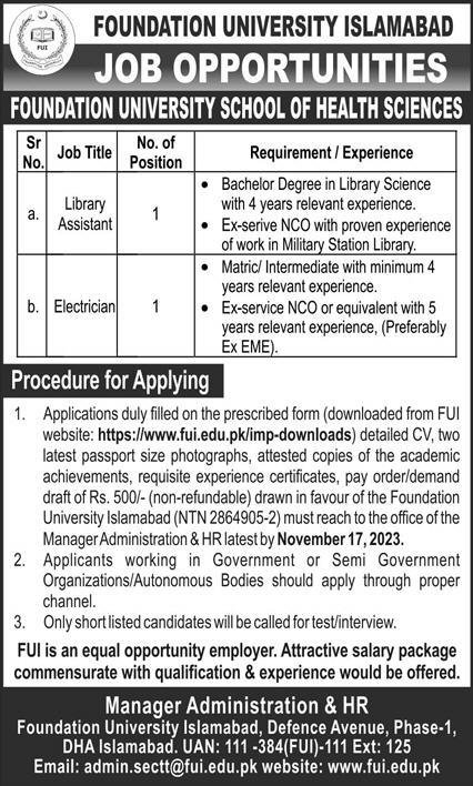 Foundation University Islamabad Jobs Nov-2023 Apply Online Now