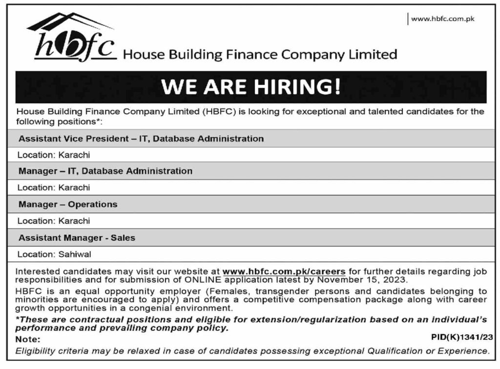 House Building Finance Company Limited HBFC Jobs Nov-2023 Apply Now