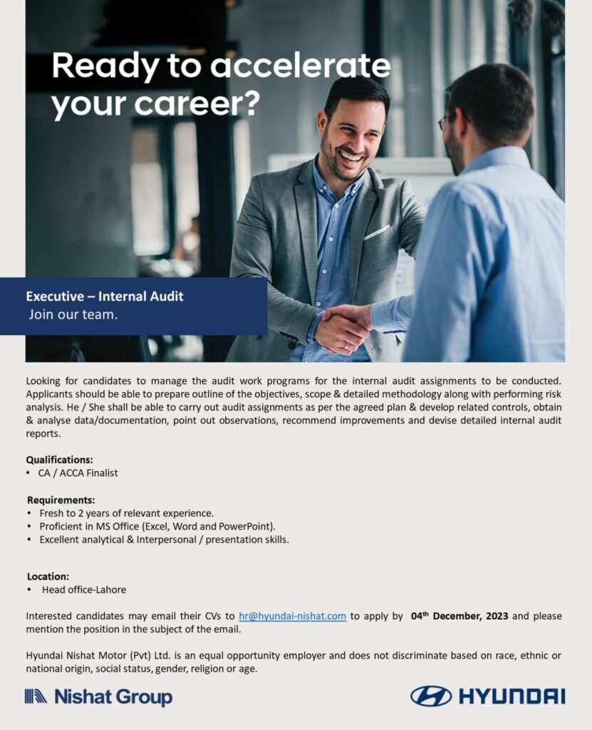 Hyundai Pakistan Audit Job Nov-2023 for Both Male & Female Apply Now