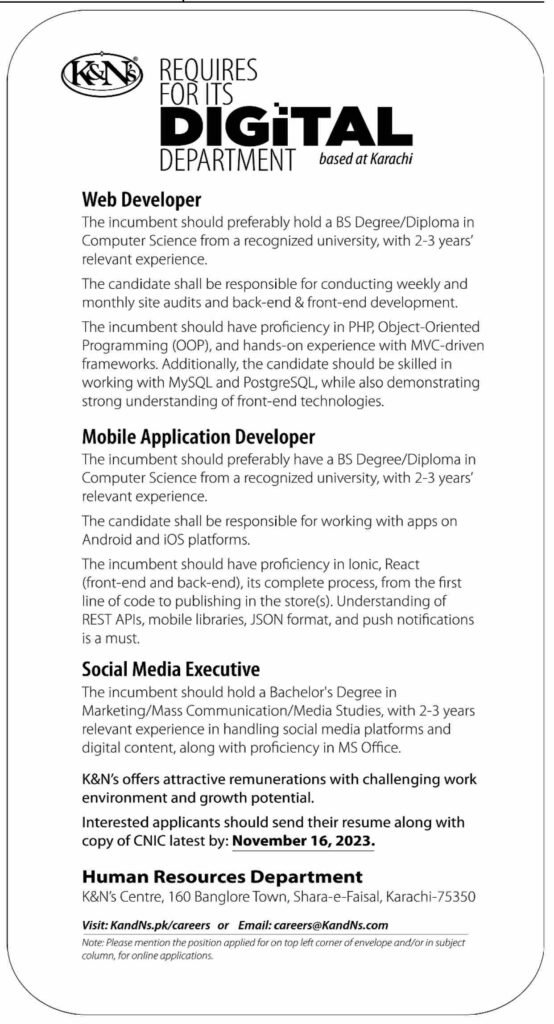 K&Ns Digital Department Jobs Nov-2023 Apply Now