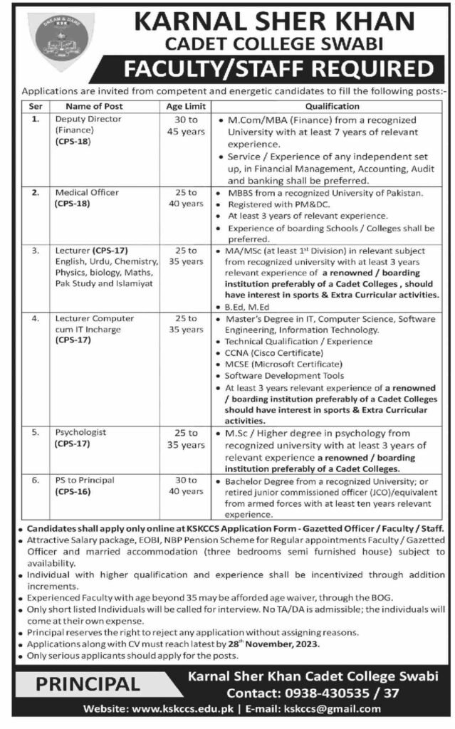 Karnal Sher Khan Cadet College Swabi Jobs Nov-2023 Apply Now