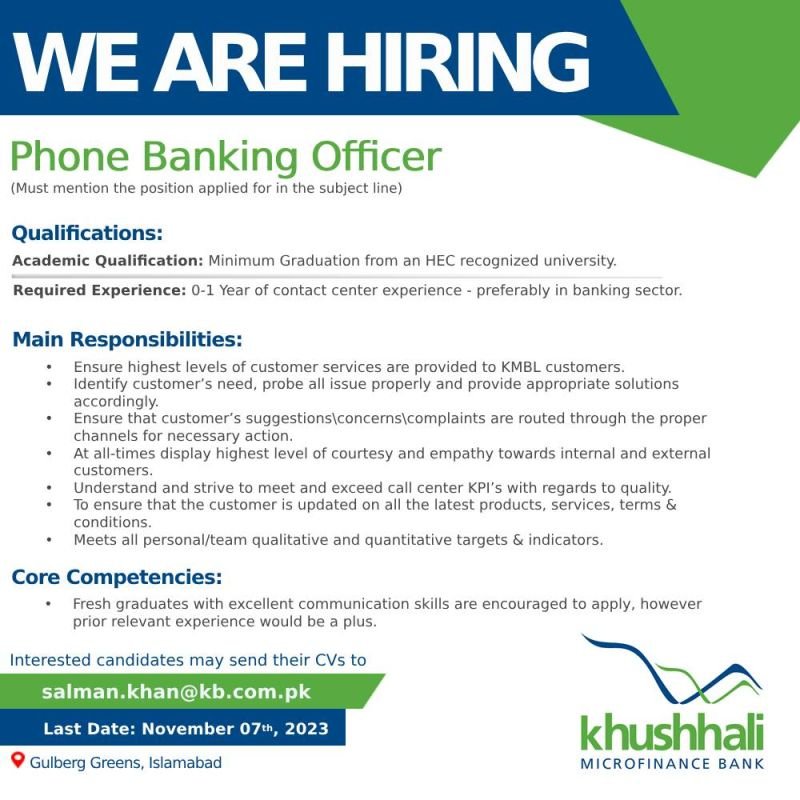 Khushhali Microfinance Bank Ltd Job For Fresh Graduate Nov-2023 Apply Now