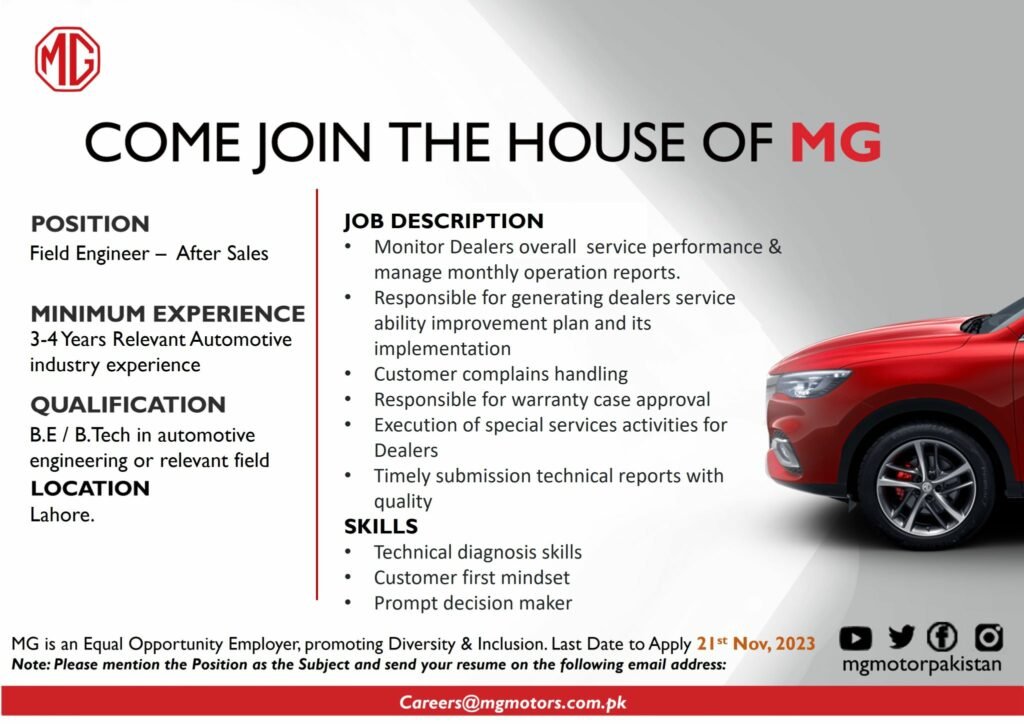 MG Motor Pakistan Engineering Job Nov-2023 Apply Online Now