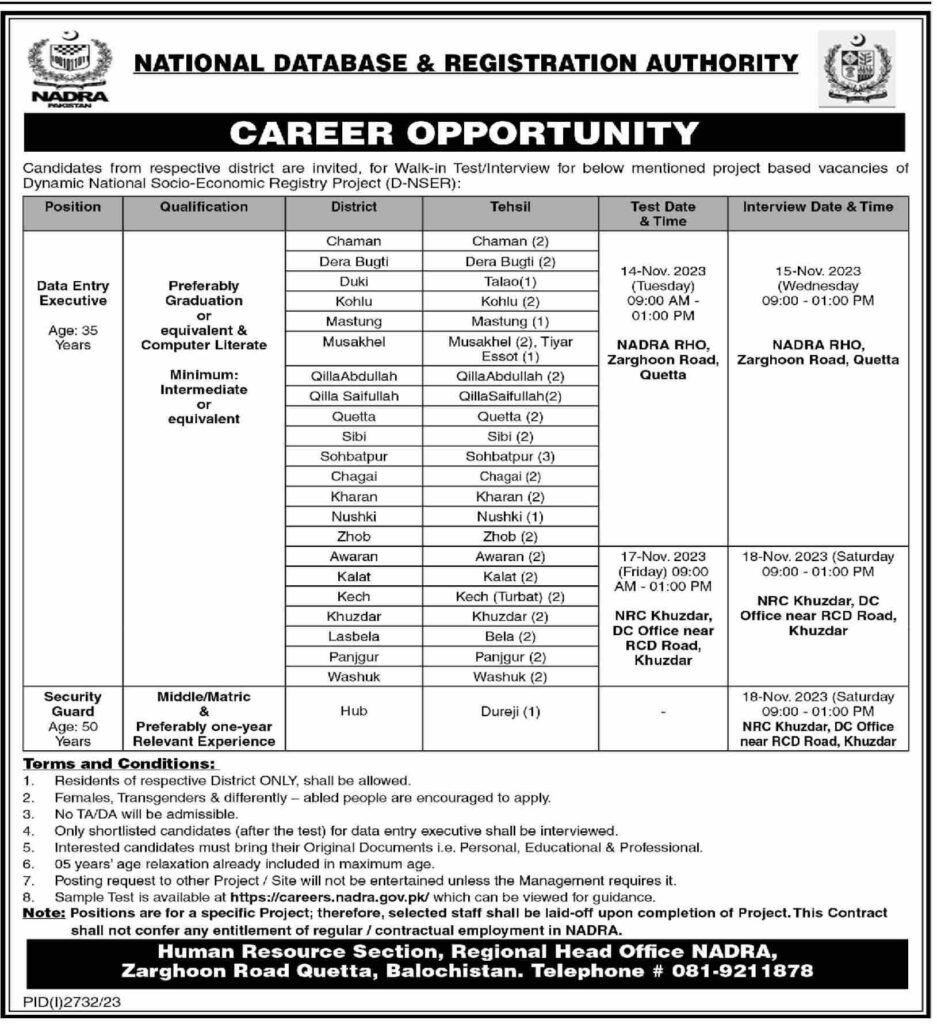 National Database & Registration Authority (NADRA) Jobs Nov-2023 Apply Now