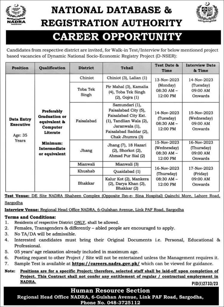 National Database & Registration Authority (NADRA) Jobs Nov-2023 Apply Now