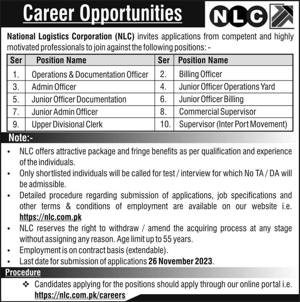 National Logistic Corporation (NLC) Jobs Nov-2023 Apply Online Now