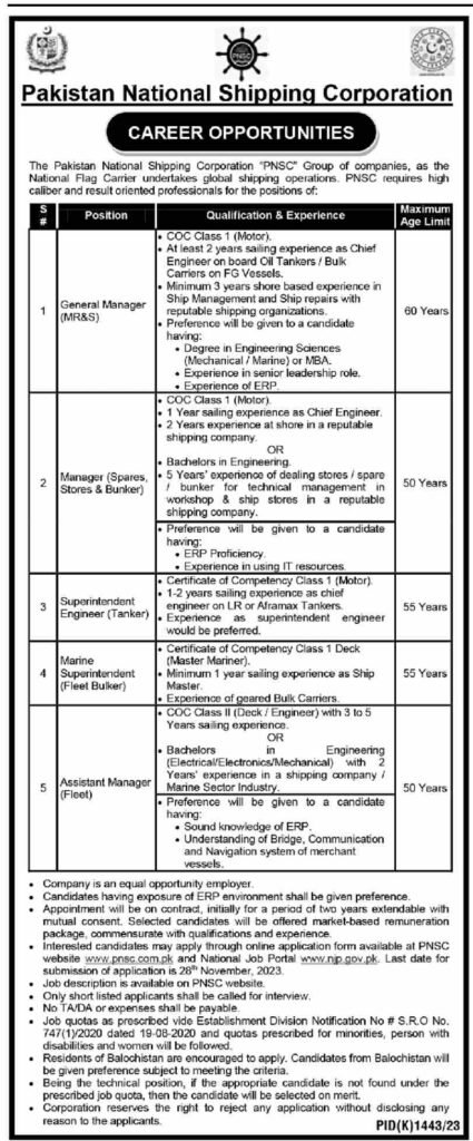 Pakistan National Shipping Corporation (PNSC) Jobs Nov-2023 For Both Male & Female Can Apply