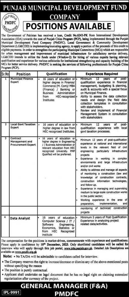 Punjab Municipal Development Fund Company Jobs dec-23 Both Male & Female Apply Now