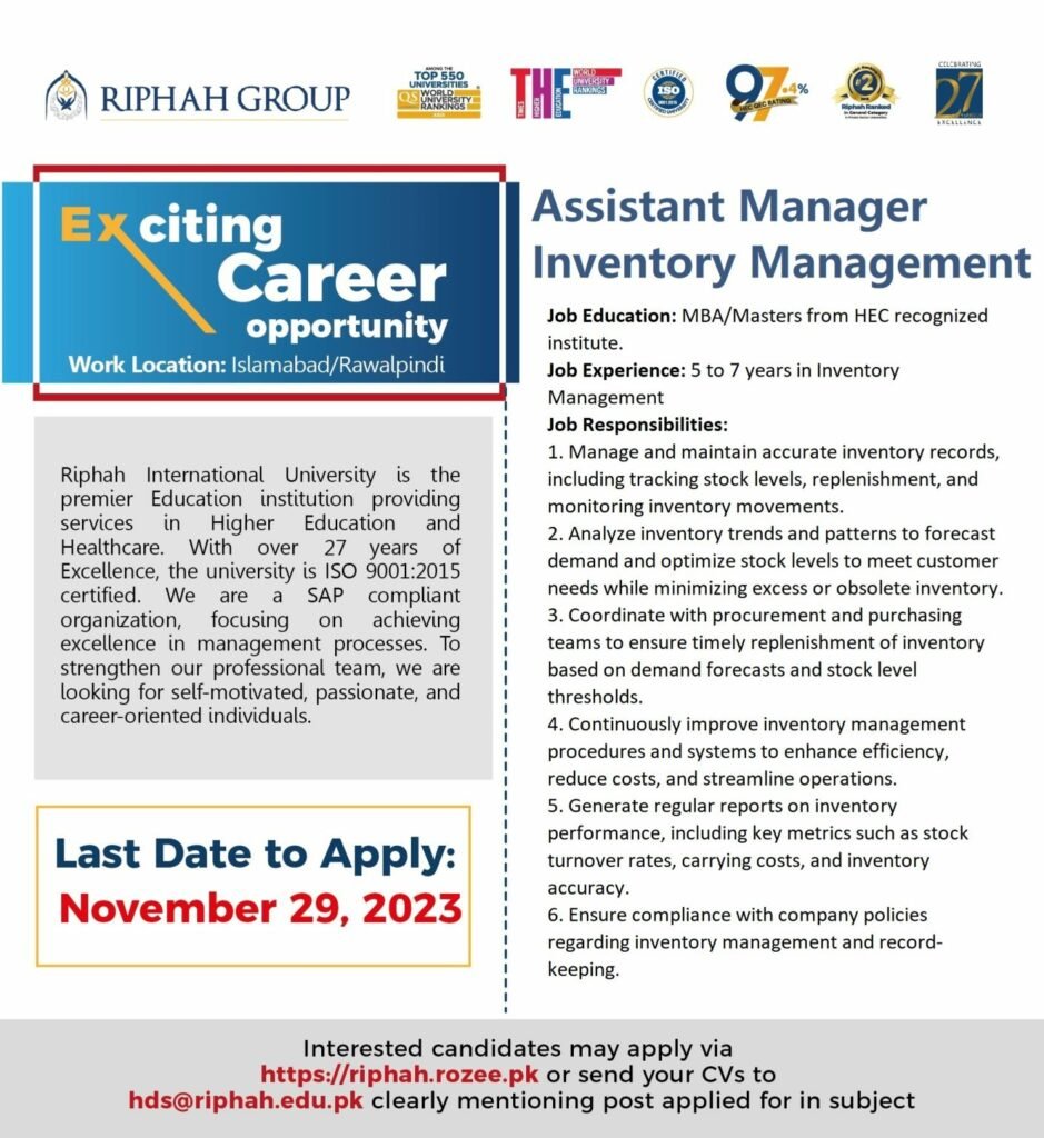 Riphah Group Supply Chain job Nov-2023 For Both Male & Female Apply Now