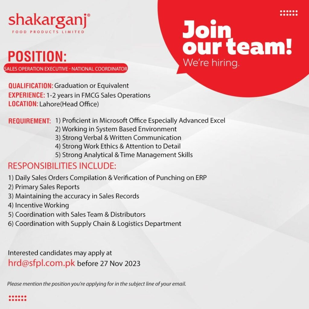 Shakarganj Food Products Ltd Sales Job For Fresh Graduate Nov-2023 Apply now