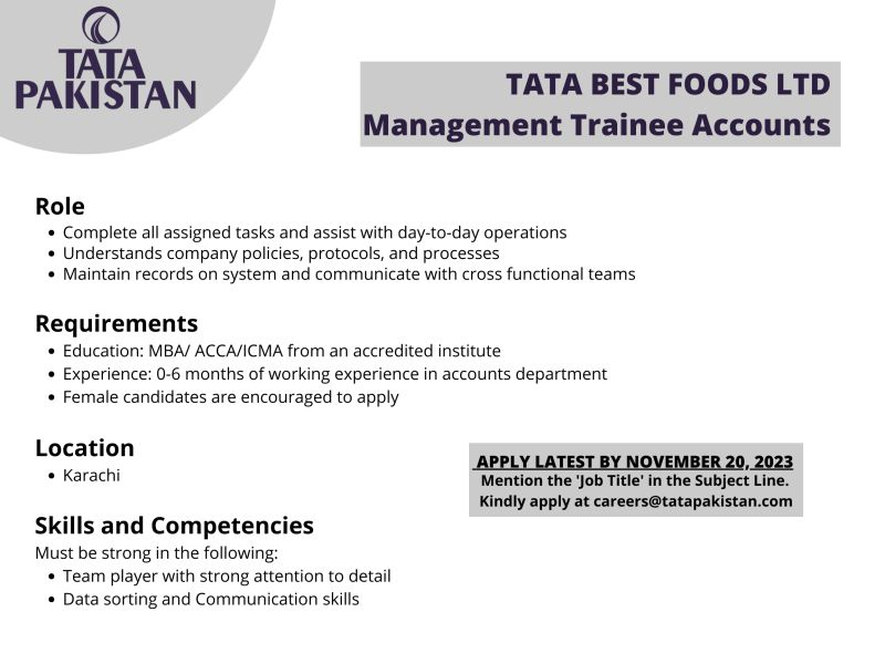 TATA Pakistan Accounts MTO Job Nov-2023 for Freshers Apply Online Now