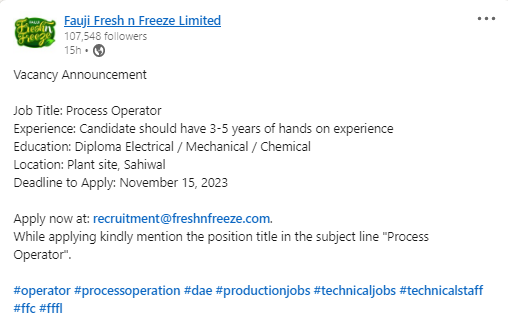 Fauji Fresh n Freeze Ltd Job for DAE Apply Online Now