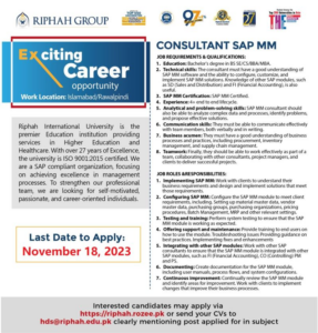 Riphah Group IT Jobs Nov-2023 Both Male & Female Can Apply