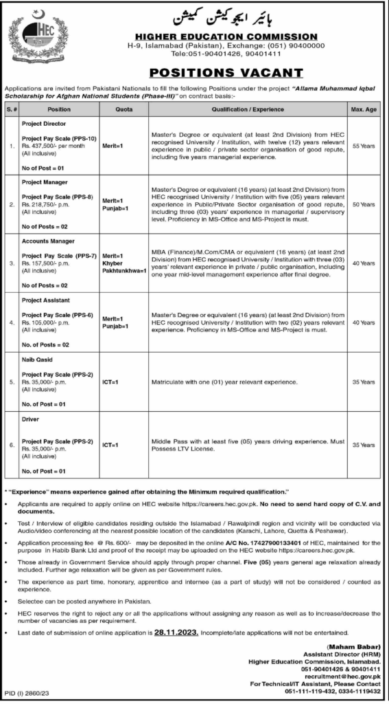 Higher Education Commission (HEC) Jobs Nov-2023 For Middle to Masters(Salary 35K to 450K)