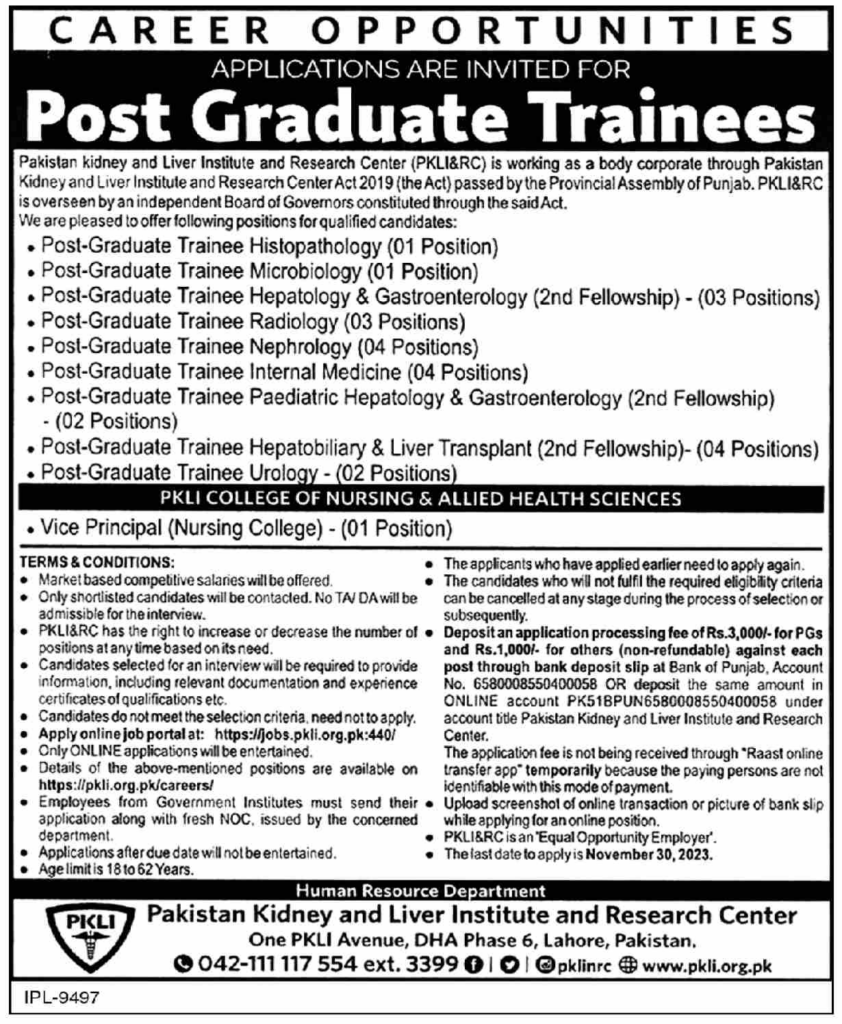 Pakistan Kidney and Liver Institute (PKLI) Jobs as a Post Graduate Trainees Nov-23 For Both Male & Female