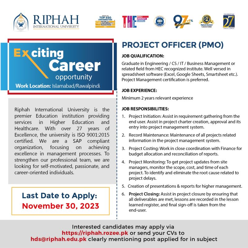 Riphah International University Job nov-2023 for both male & female apply now