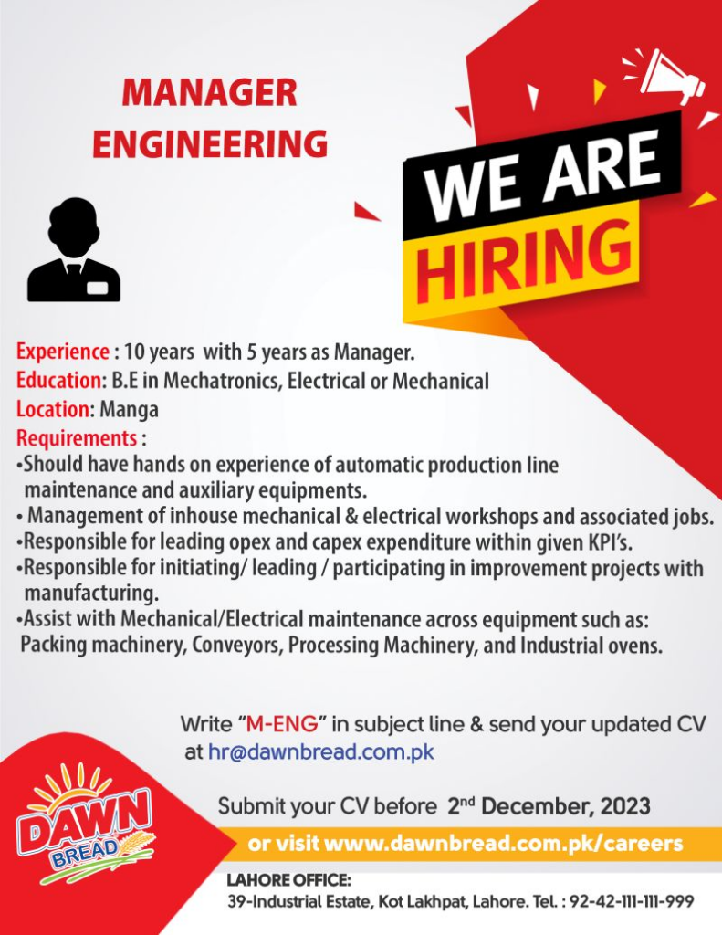 Dawn Bread Engineering Job Nov-2023 Apply Online Now