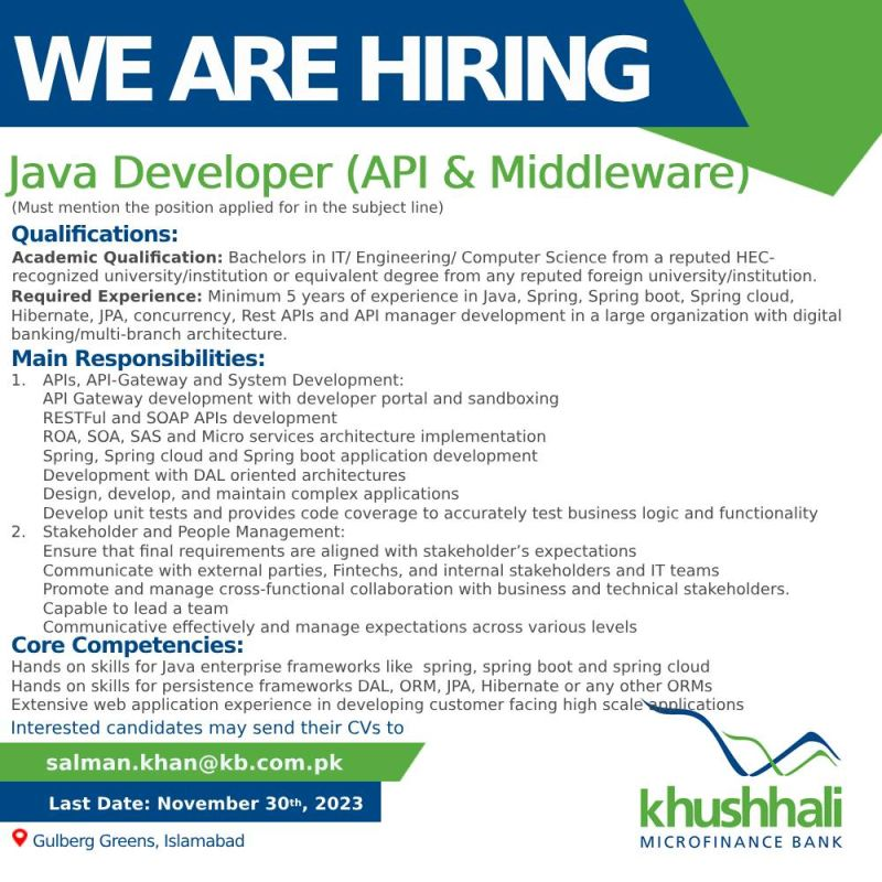 Khushhali Microfinance Bank Limited IT Job Nov-2023 Apply Online Now