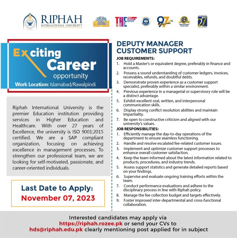 Riphah Group Customer Service Job Nov-2023 Apply Online Now