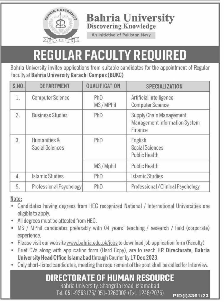 Bahria University Jobs Dec-2023 For Both Male & Female Apply Now