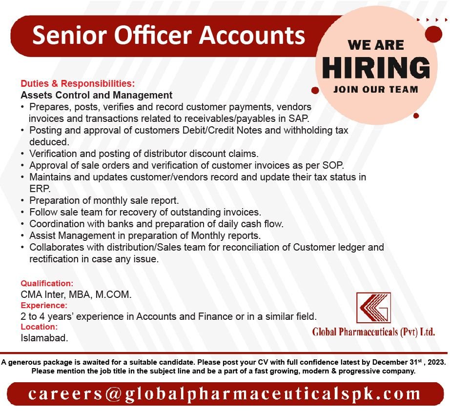 Global Pharmaceutical (PVT) Limited Accounts Job Dec-2023 Apply Now