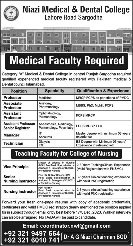 Niazi Medical & Dental College Jobs Dec-2023 For Both Male & Female Apply Now