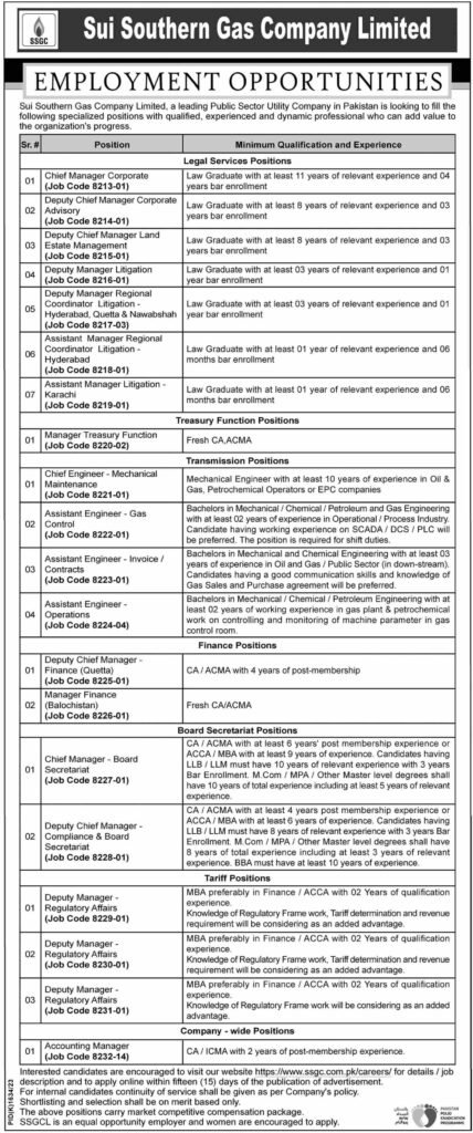 Sui Southern Gas Company Limited Jobs Dec-2023 For Both Male & Female Apply Now