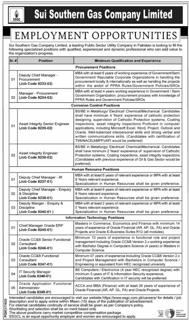 Sui Southern Gas Company Ltd (SSGCL) Jobs Dec-2023 Apply Online Now