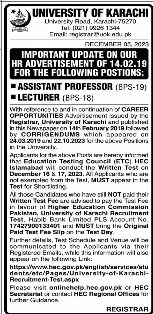 University Of Karachi Jobs Dec-2023 Apply Now