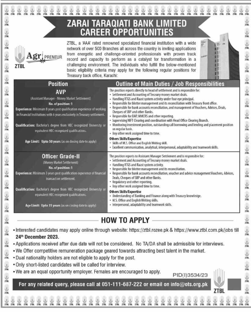 Zarai Taraqiati Bank Limited Jobs Dec-2023 Apply Now