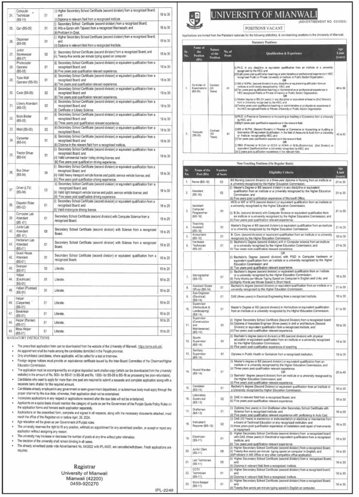 University of Mianwali Jobs Mar-24 Apply Online Now