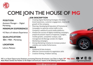 MG Motor Pakistan Assistant Manager Digital Marketing Job Apply Now