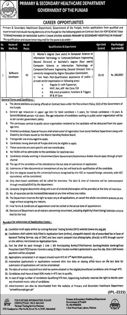 Primary & Secondary Health Care Department Govt of Punjab Jobs Mar-24 Apply Now