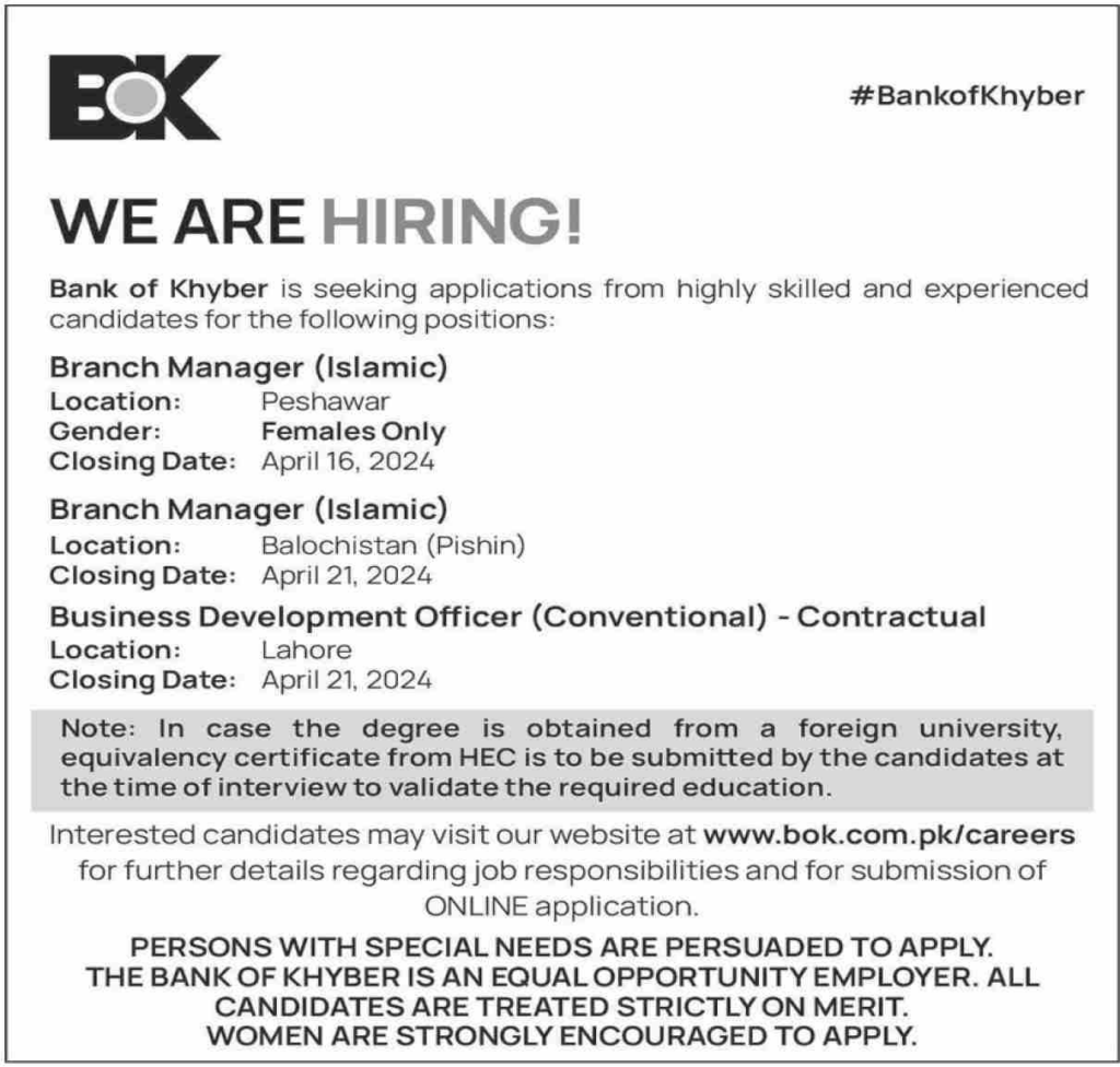 Bank of Khyber Jobs April 24 Apply Now