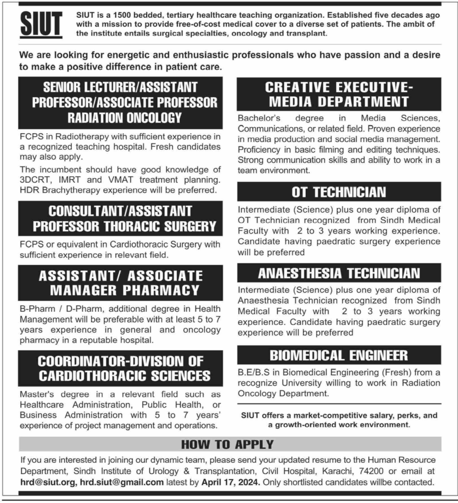 Sindh Institute of Urology & Transplantation Jobs April 24 Apply Now