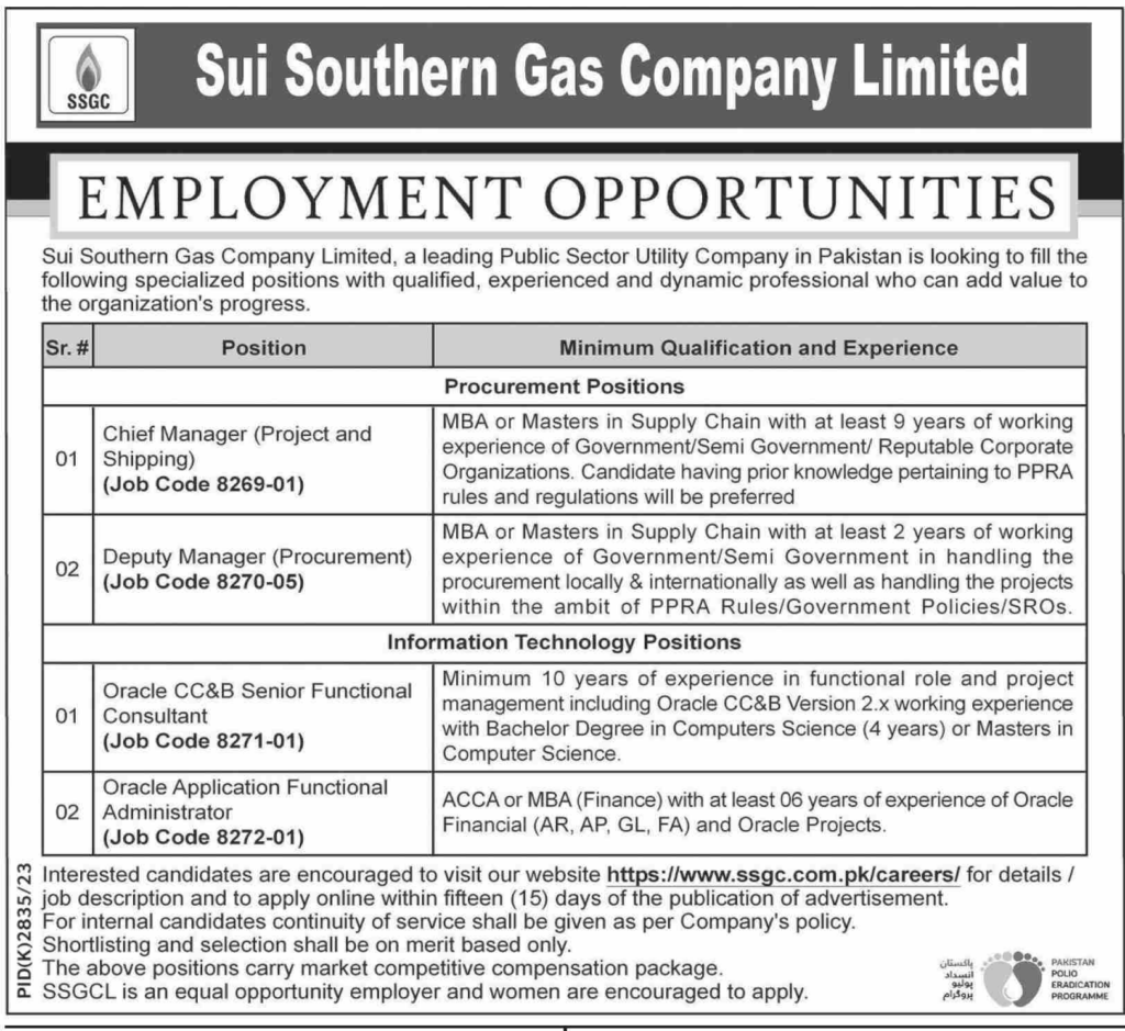 Sui Southern Gas Company Ltd (SSGCL) Jobs April 24 Apply Now