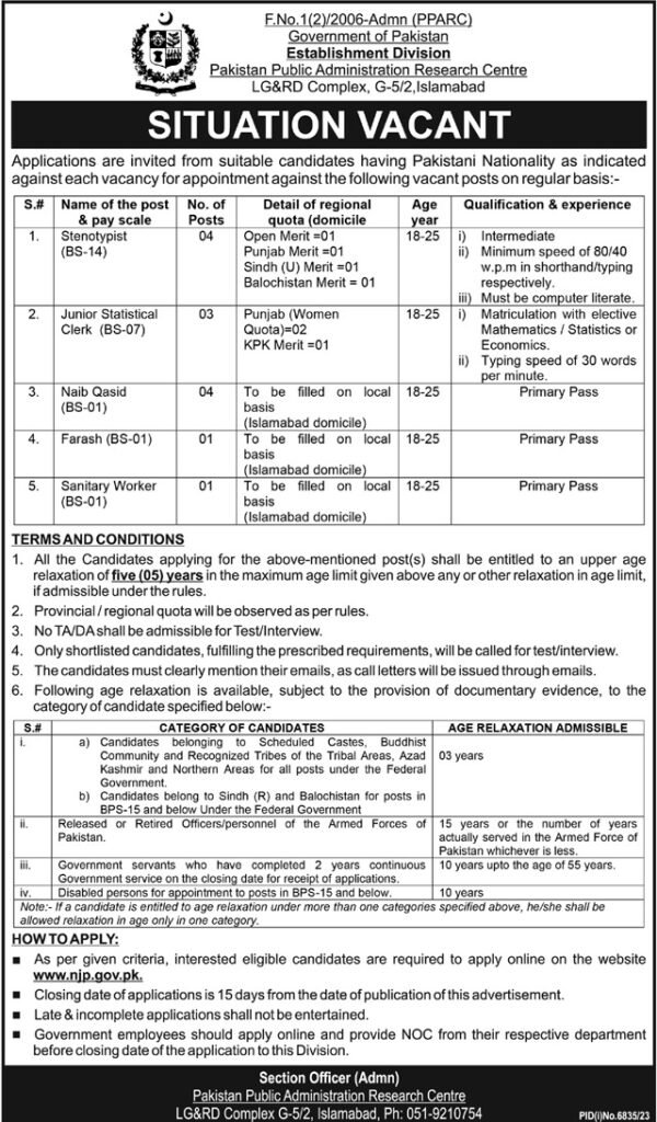 Jobs Announcement: Establishment Division, Government of Pakistan Apply Now