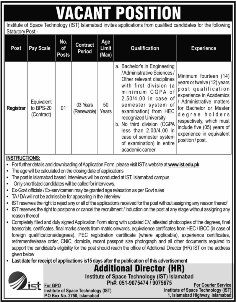 Job Opening at Institute of Space Technology (IST) Apply Now