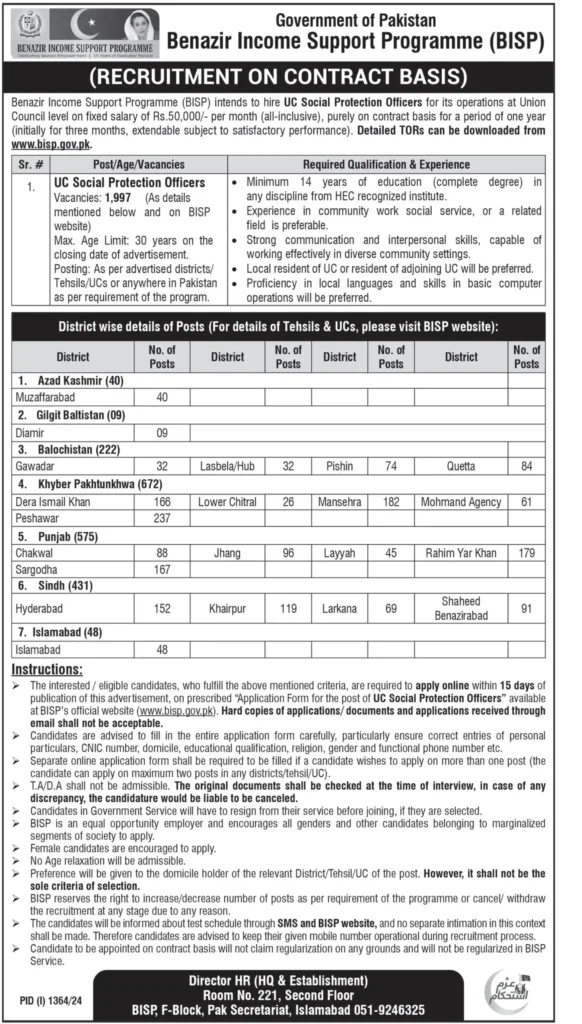 Benazir Income Support Programme (BISP) Jobs Apply Now | +1000 Jobs for Fresh Bachelors Pass