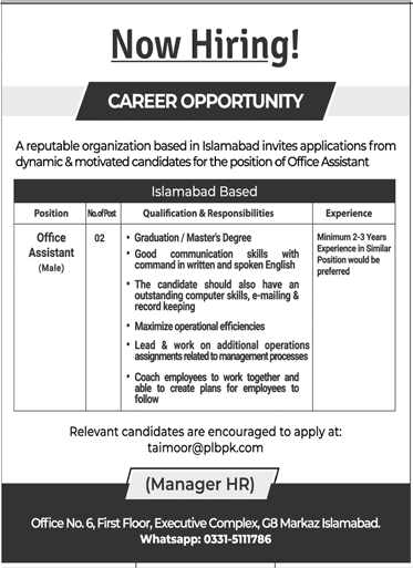 Job for Bachelors Pass in Reputable Organization in Islamabad