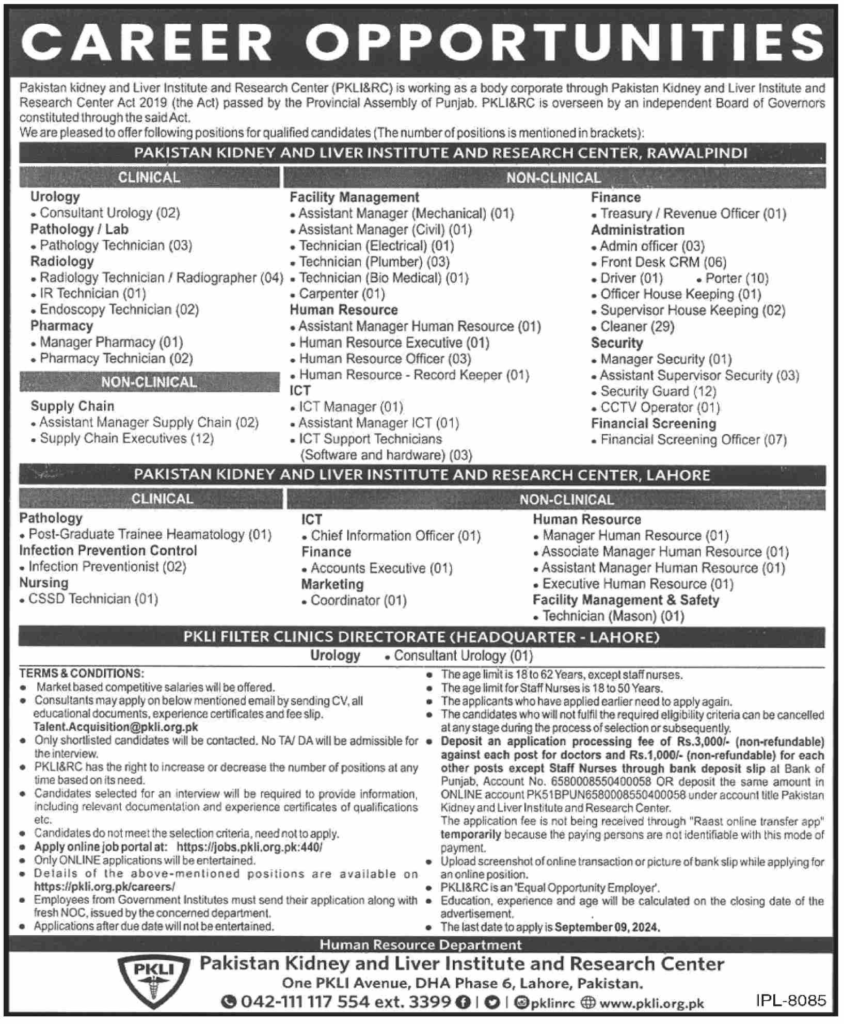 Explore Job Opportunities at Pakistan Kidney and Liver Institute - Apply Now!