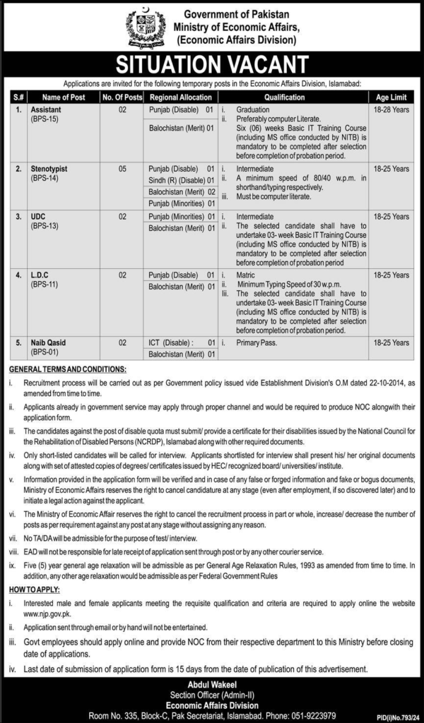 Govt of Pakistan Ministry of Economic Affairs Jobs Apply Now