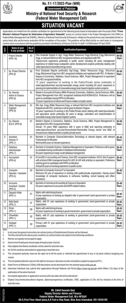 Multiple Jobs Opening at Ministry of National Food Security & Research Apply Now