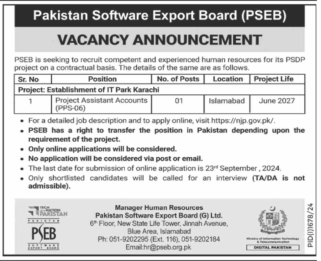 Pakistan Software Export Board (PSEB) Jobs Apply Now