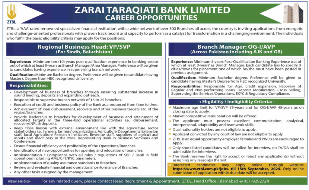 Zarai Taraqiati Bank Limited Career Opportunities Apply Online