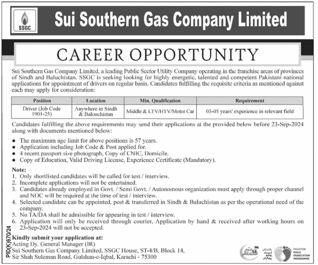 Employment Opportunities at Sui Southern Gas Company Limited Apply Now