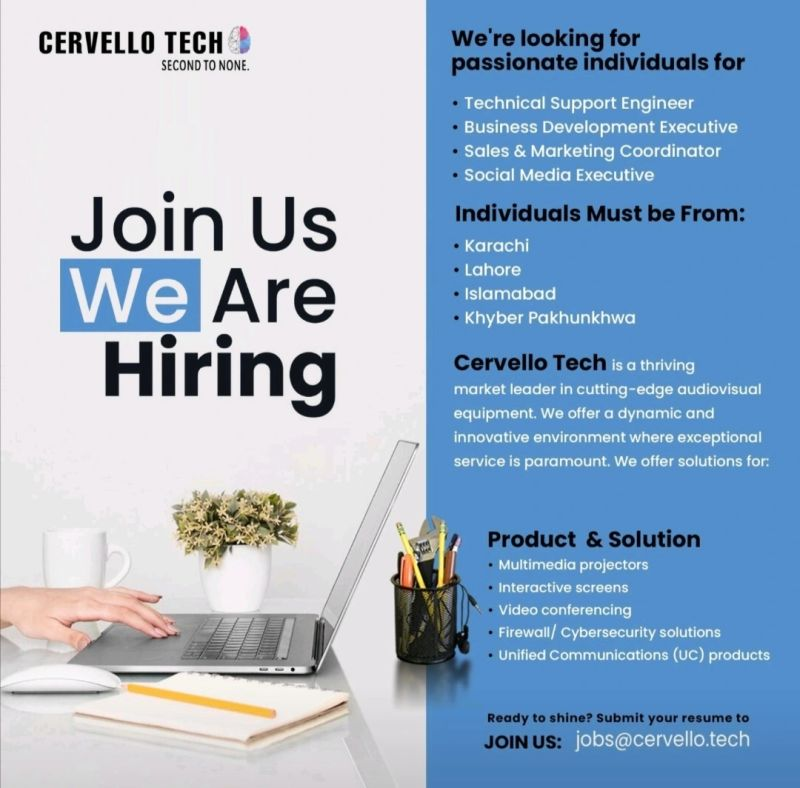 Opportunities all over Pakistan at Cervello Tech Apply Online Now