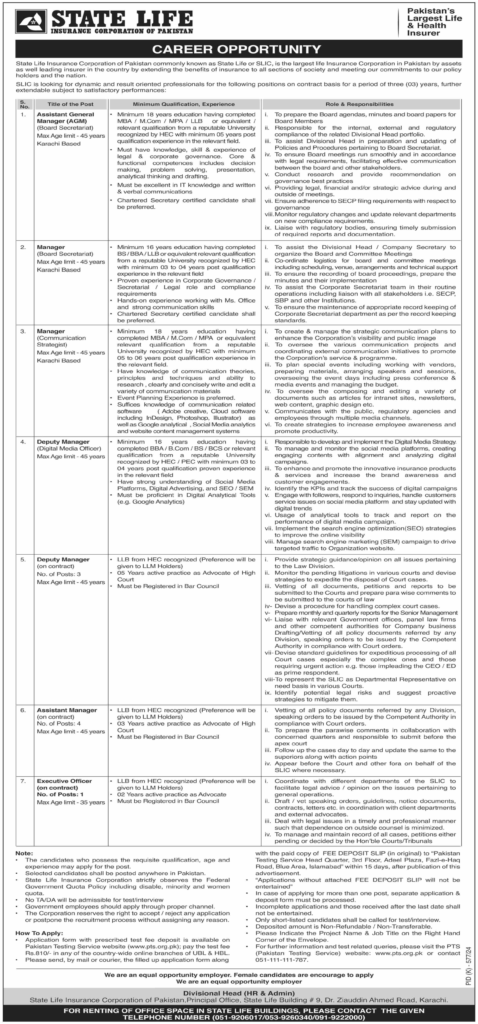 Exciting Career Opportunities at State Life Insurance Corporation of Pakistan Apply Now | Multiple Positions